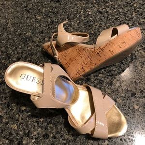 Size 7.5, Guess wedges in neutral/cork.
